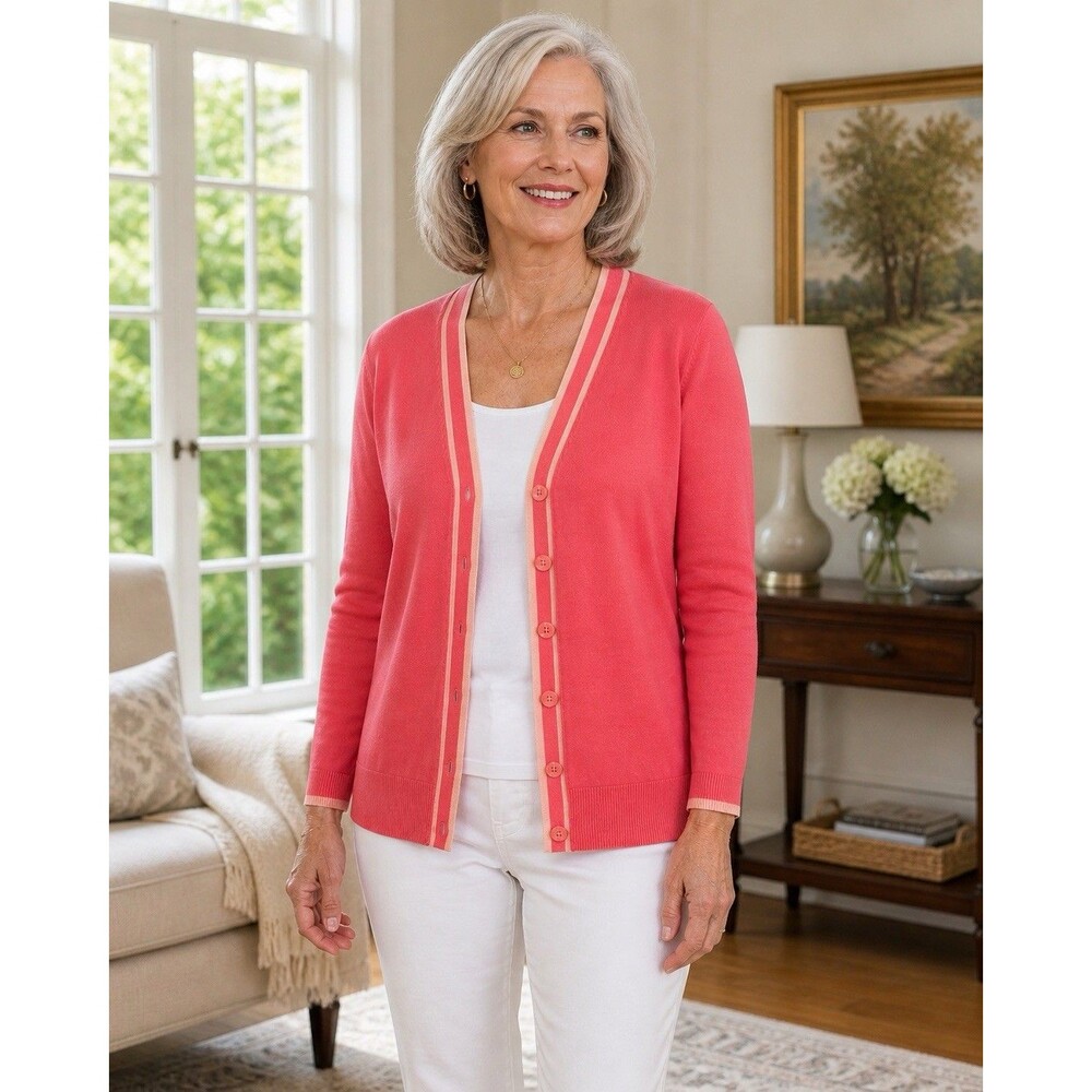 Talbots Preppy Pink Cardigan V Neck Button Front SizeSmall Contrast Trim Coral